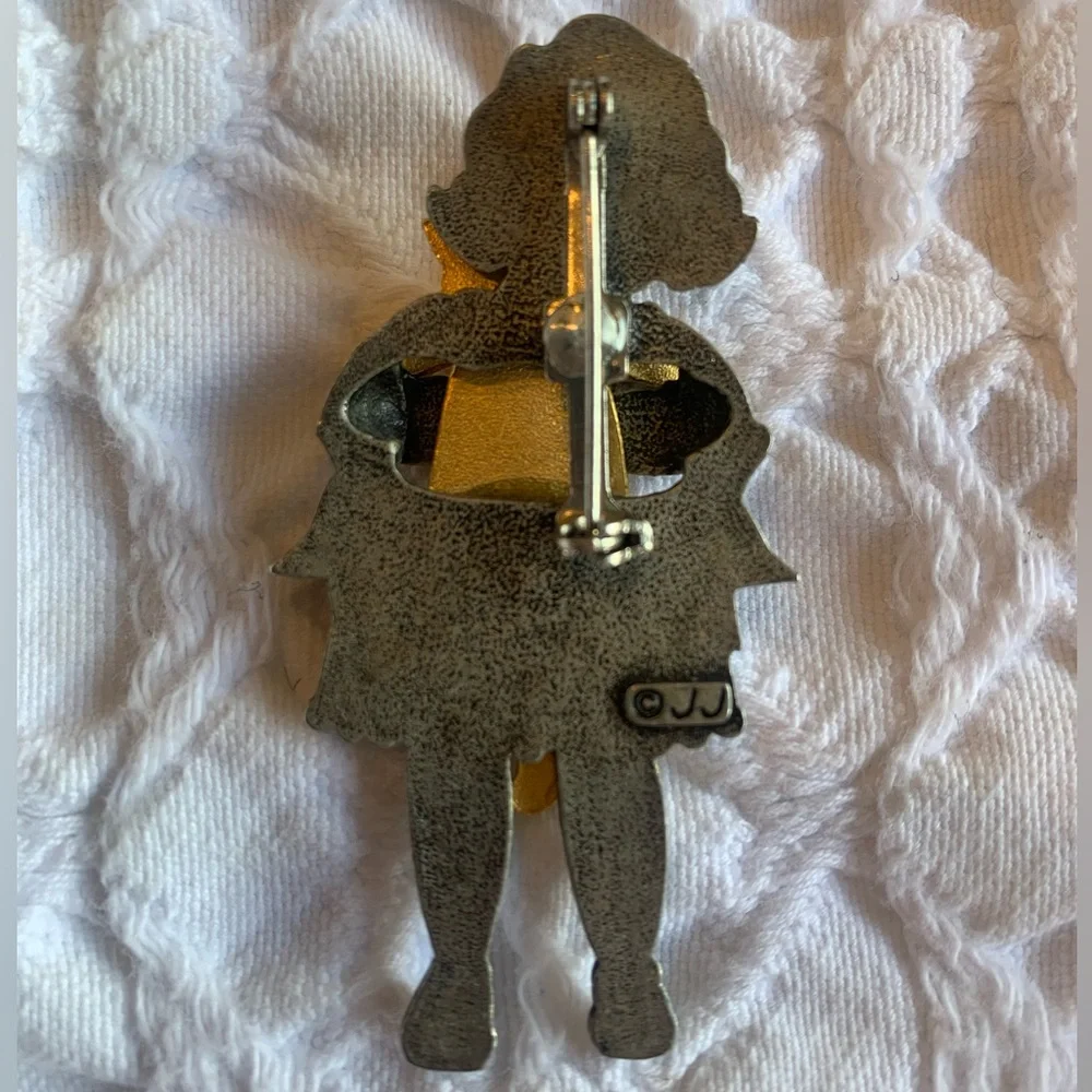 Cat Hug Girl Vintage JJ Jonette Pin - Gold & Silver Metal